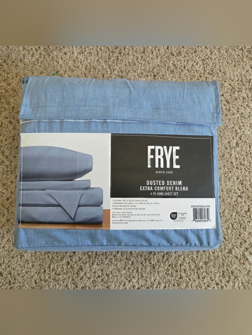 NEW FRYE Dusted Denim Extra Comfort Blend 4 PC KING Sheet Set Chambray Blue